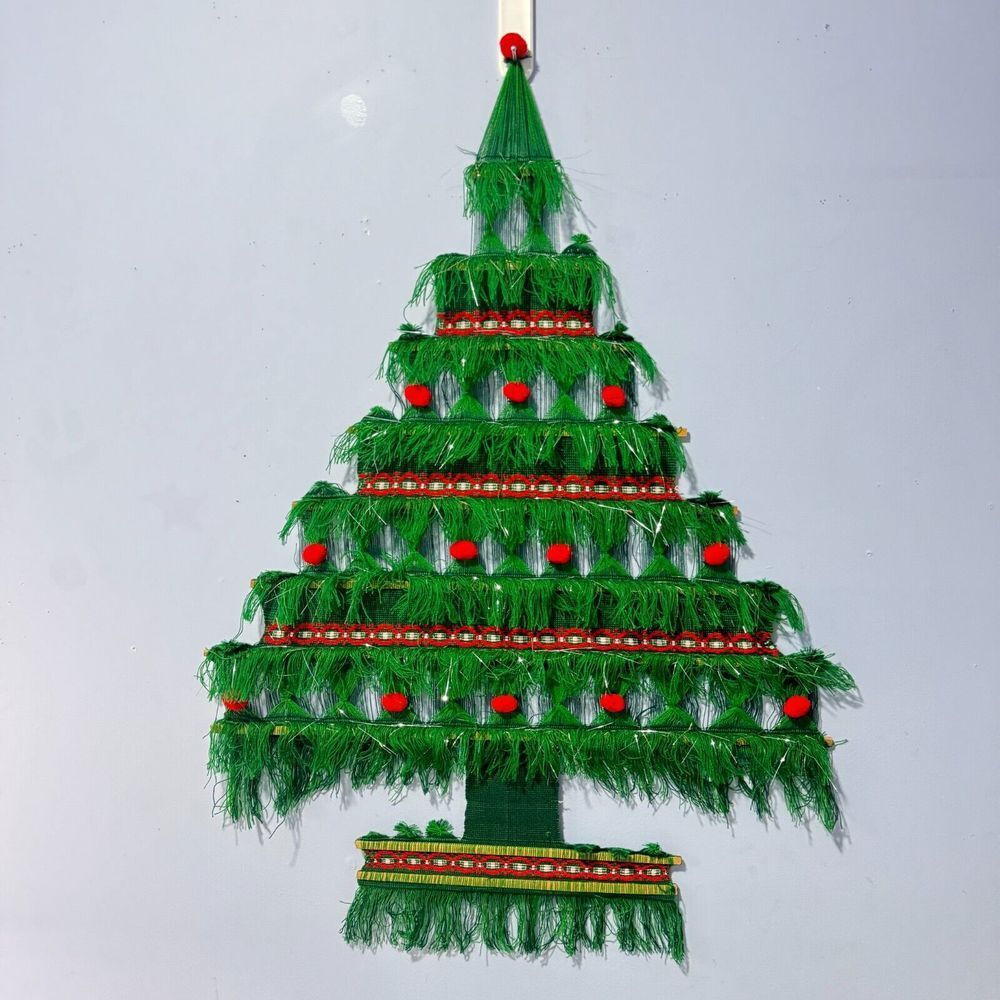 Vintage Macrame Christmas Tree Wall Hanging 40" X 28" Woven Pom Poms Tinsel Boho